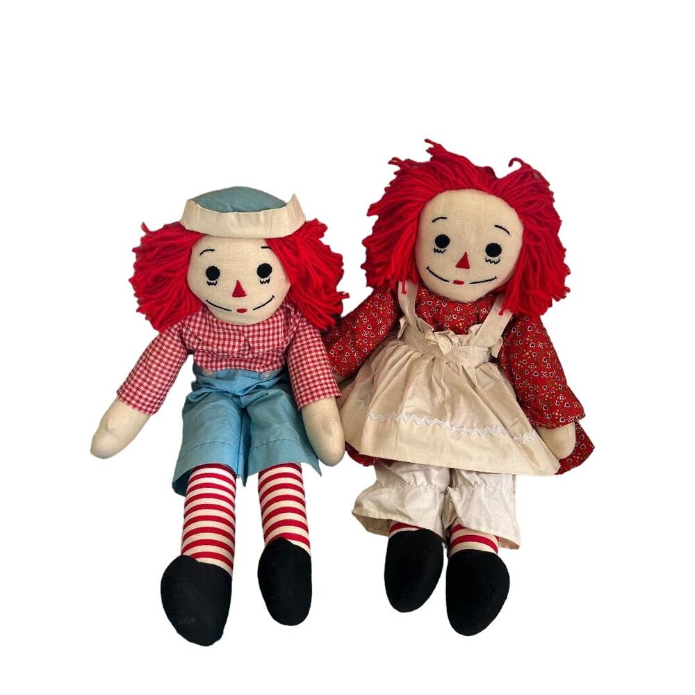Vtg Raggedy Ann & Andy Rag Doll Pair, Face Features & hearts stitched 25’ inch